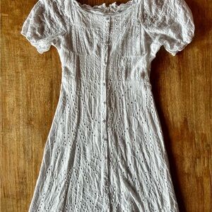 Trendy Cottagecore Puff Sleeve White Eyelet Cotton Midi Dress by Stone